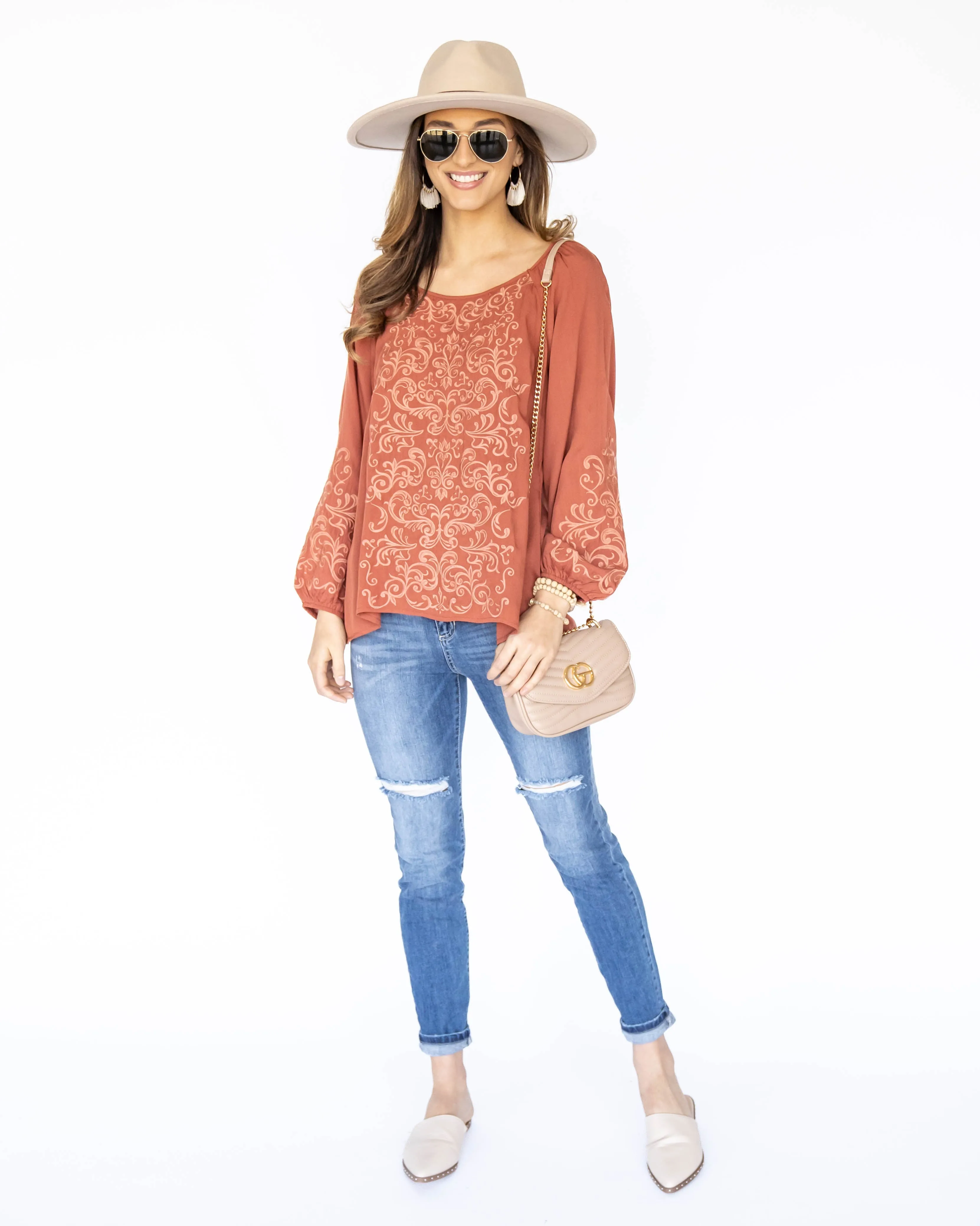 Angela Embroidered Blouse - Rust