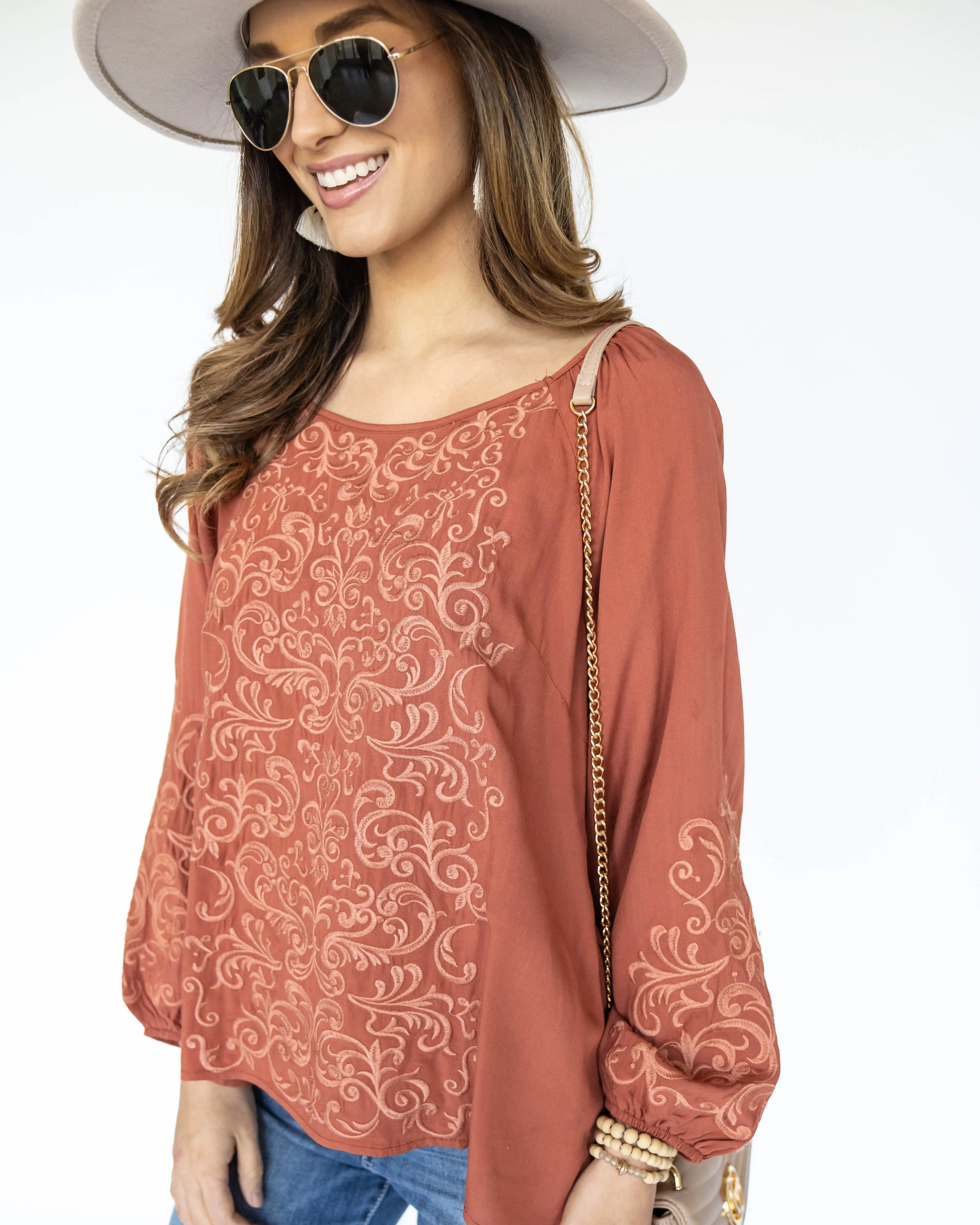 Angela Embroidered Blouse - Rust