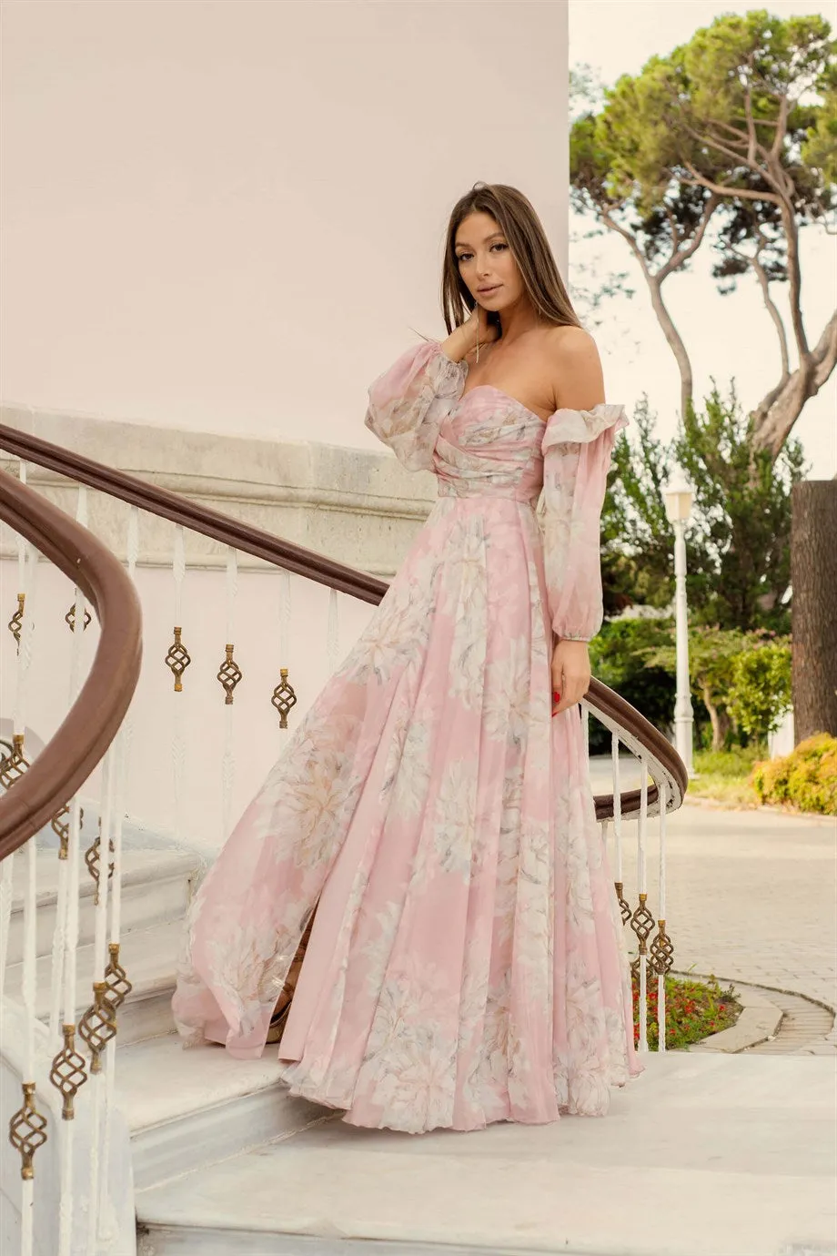 Angelino Powder Impirme Low Sleeve Slip Long Evening Dress