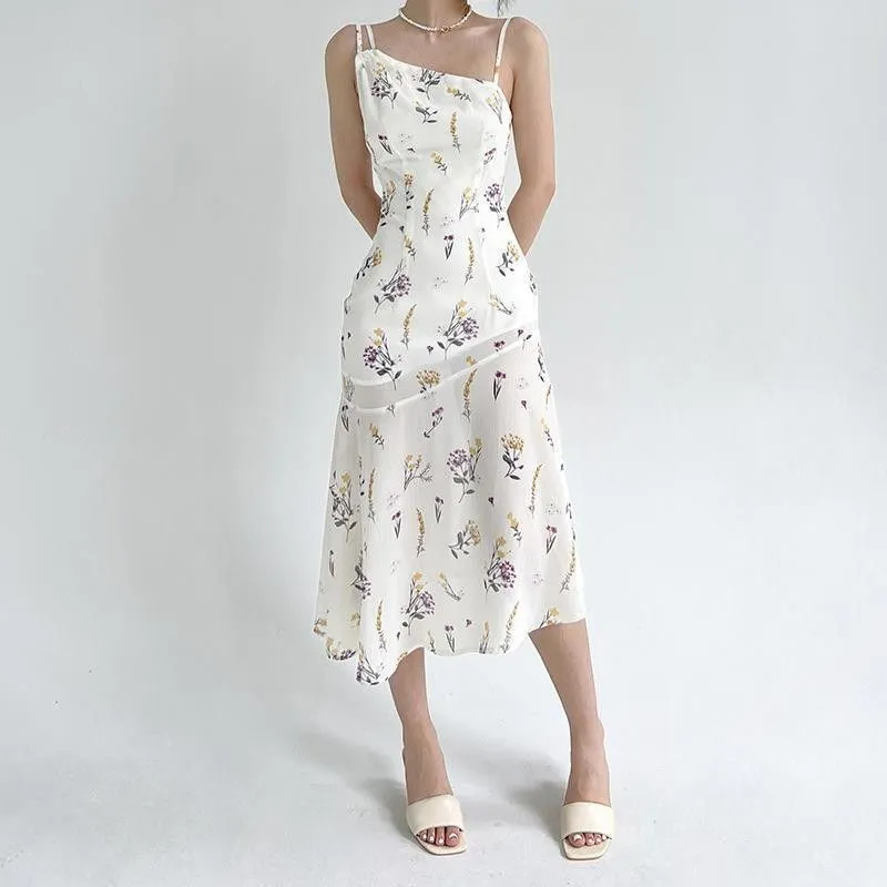 Asymmetric Slip Floral Print Scallop Hem Shift White Flare Dress