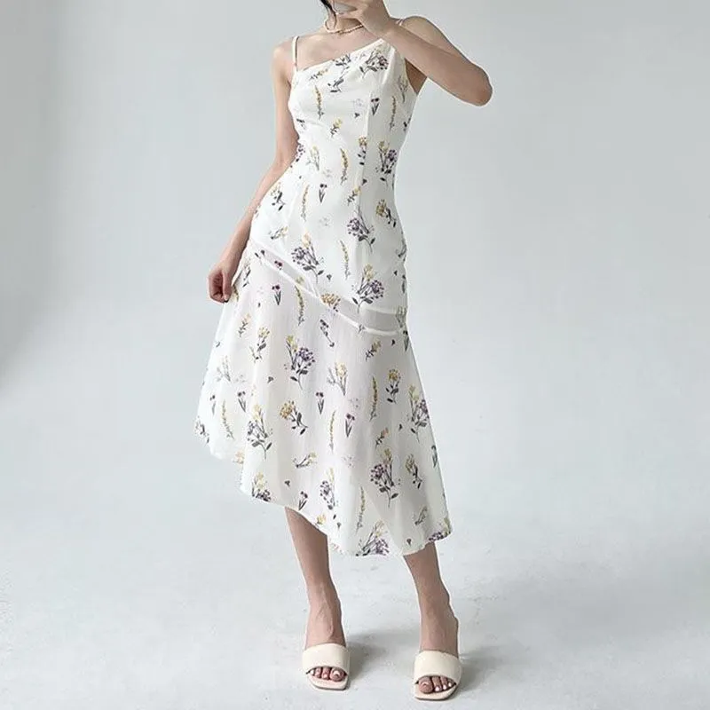 Asymmetric Slip Floral Print Scallop Hem Shift White Flare Dress