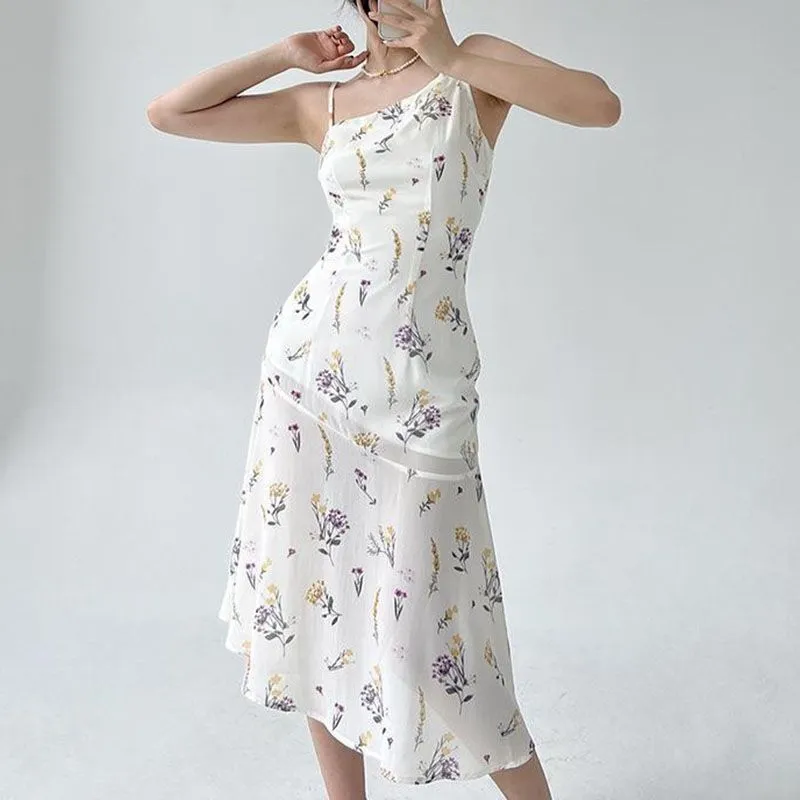 Asymmetric Slip Floral Print Scallop Hem Shift White Flare Dress