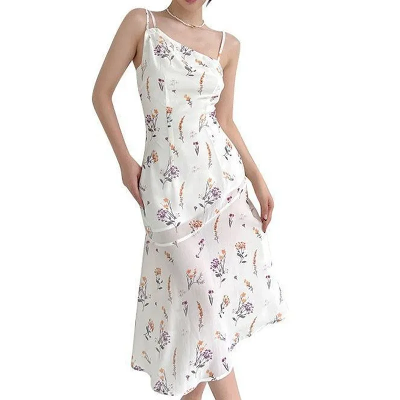 Asymmetric Slip Floral Print Scallop Hem Shift White Flare Dress