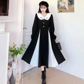 Autumn Black Kawaii Midi Dress Women 2023 Preppy Style School Student Peter Pan Collar Party Dresses Vintage