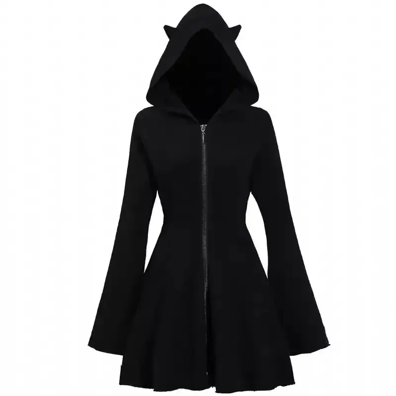 Autumn Gothic Harajuku Goth Dark Black Hooded Dress with Ears Korean Style Zip Kpop Wrap Mini Short Dresses