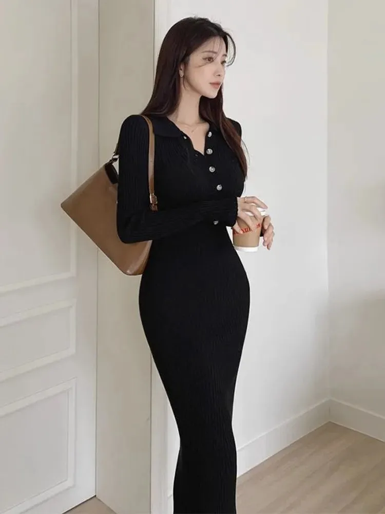 Autumn Knit Knitted Korean Vintage Bodycon Wrap Long Dress Women Kpop Elegant Long Sleeve Party Dresses