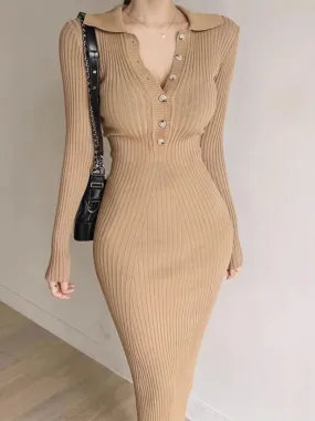 Autumn Knit Knitted Korean Vintage Bodycon Wrap Long Dress Women Kpop Elegant Long Sleeve Party Dresses