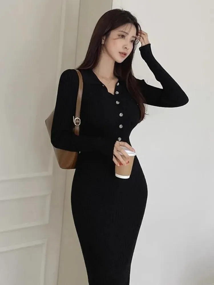 Autumn Knit Knitted Korean Vintage Bodycon Wrap Long Dress Women Kpop Elegant Long Sleeve Party Dresses