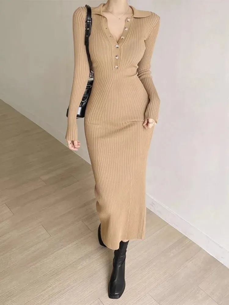 Autumn Knit Knitted Korean Vintage Bodycon Wrap Long Dress Women Kpop Elegant Long Sleeve Party Dresses