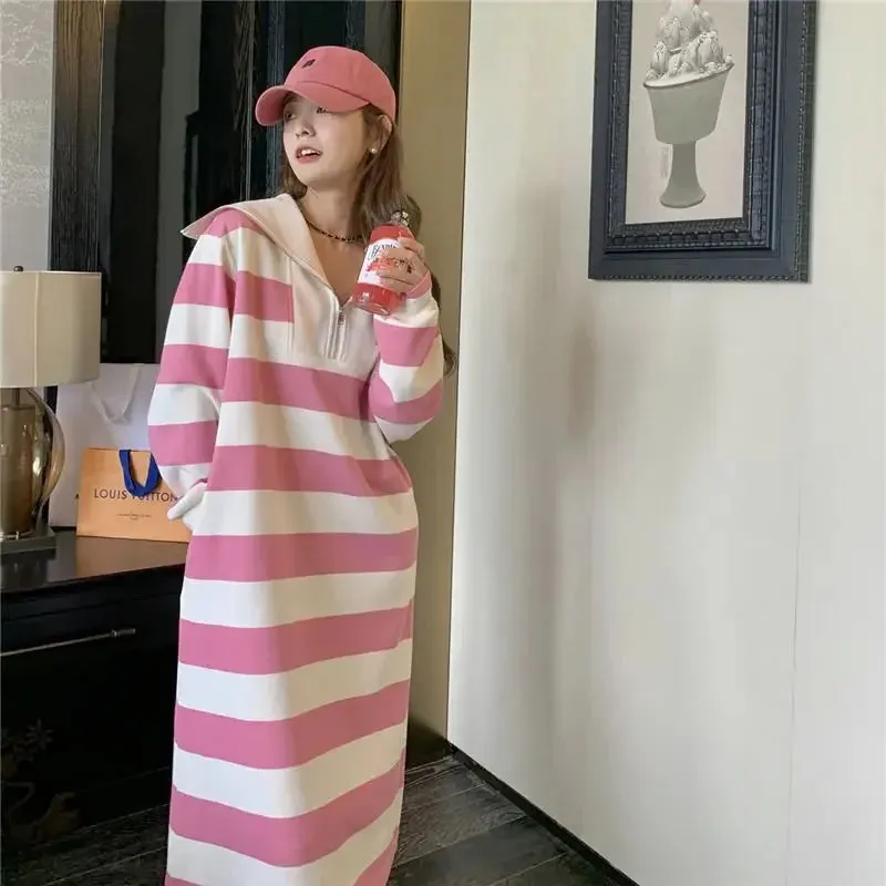 Autumn Korean Style Oversize Striped Zip Sport School Student Dress Kpop Streetwear Casual Loose Midi Dresses