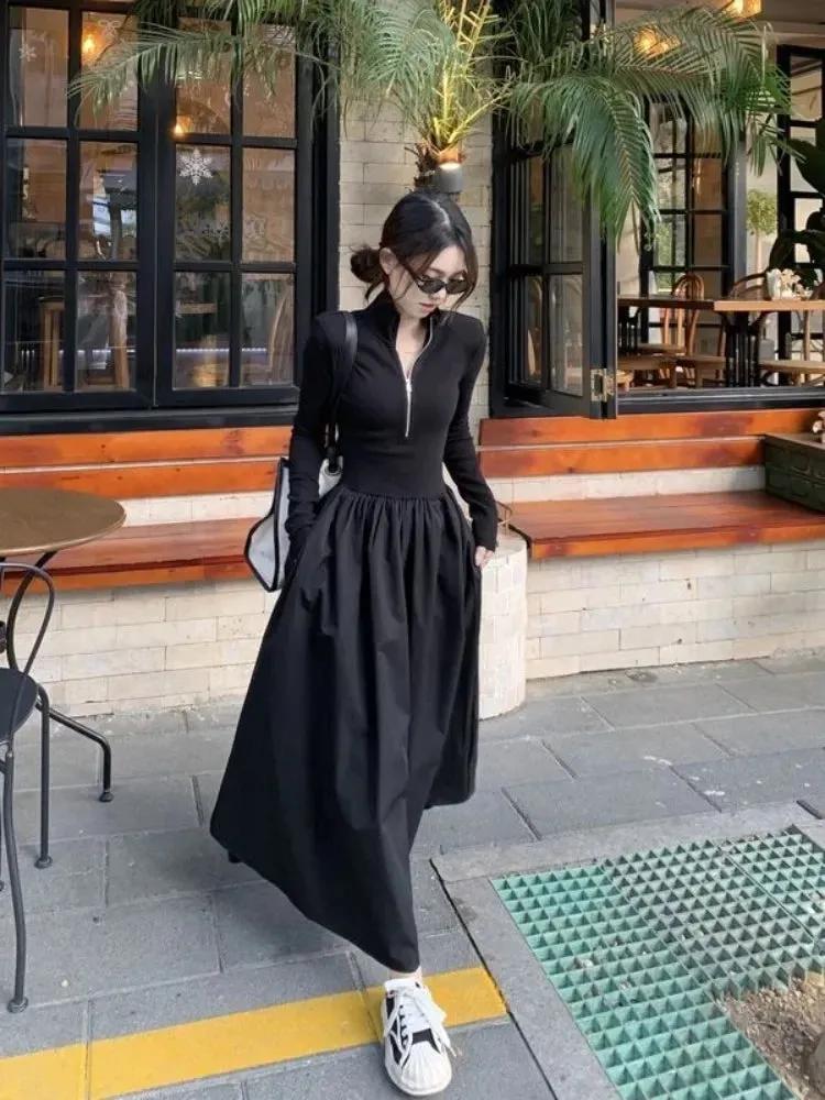 Autumn Korean Style Zip White Dress Women Kpop Wrap Long Sleeve Long Dresses Streetwear Solid Simple Ladies Chic