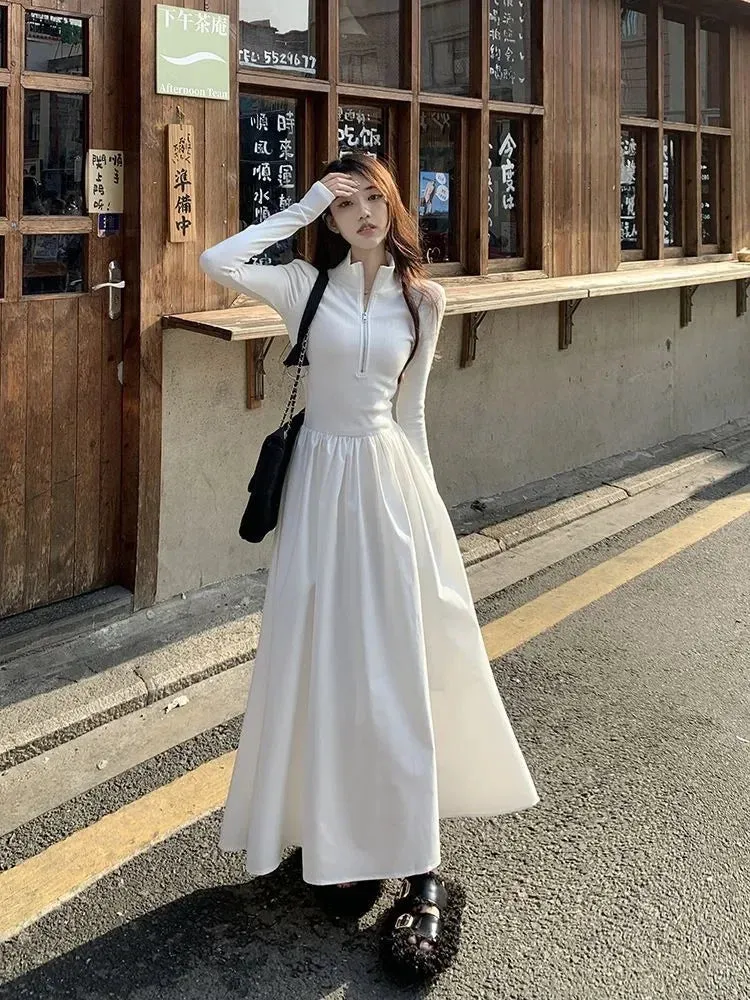 Autumn Korean Style Zip White Dress Women Kpop Wrap Long Sleeve Long Dresses Streetwear Solid Simple Ladies Chic