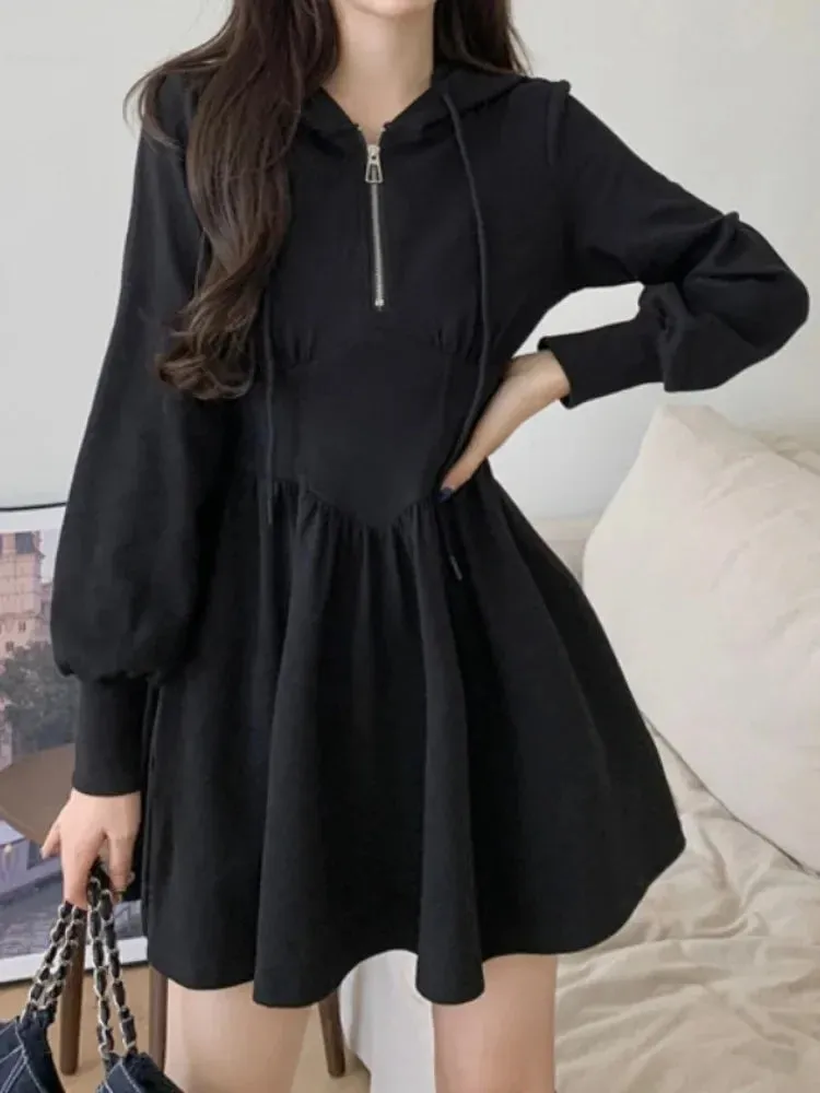 Autumn Korean Style Zipper Hooded Dress Women Kpop Wrap Long Sleeve Mini Short Dresses Fashion