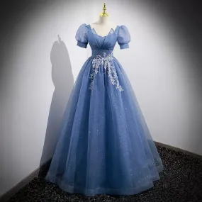 Ball Gown Short Sleeves Long Tulle Blue Prom Dresses SH035