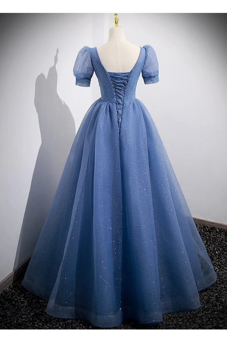 Ball Gown Short Sleeves Long Tulle Blue Prom Dresses SH035