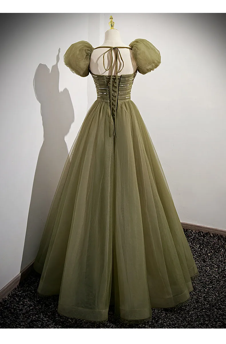 Ball Gown Short Sleeves Long Tulle Sage Green Prom Dresses SH033