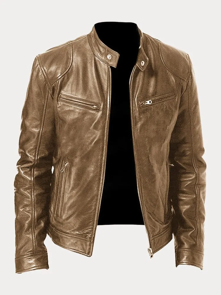 Casual Biker-Style Zippered Genuine Leather Jacket