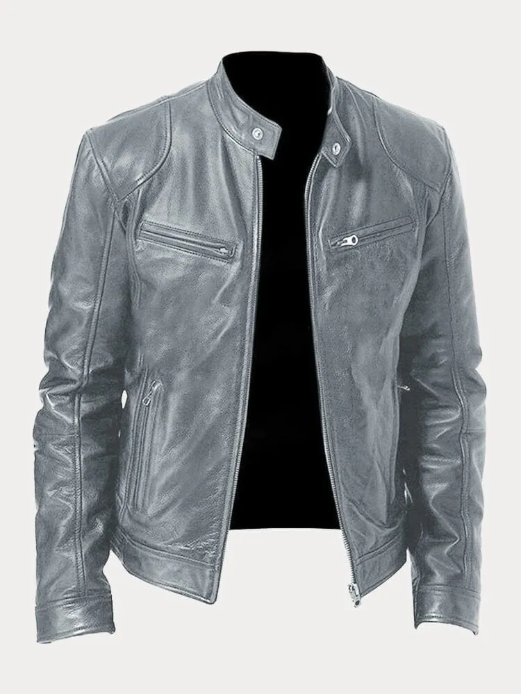 Casual Biker-Style Zippered Genuine Leather Jacket