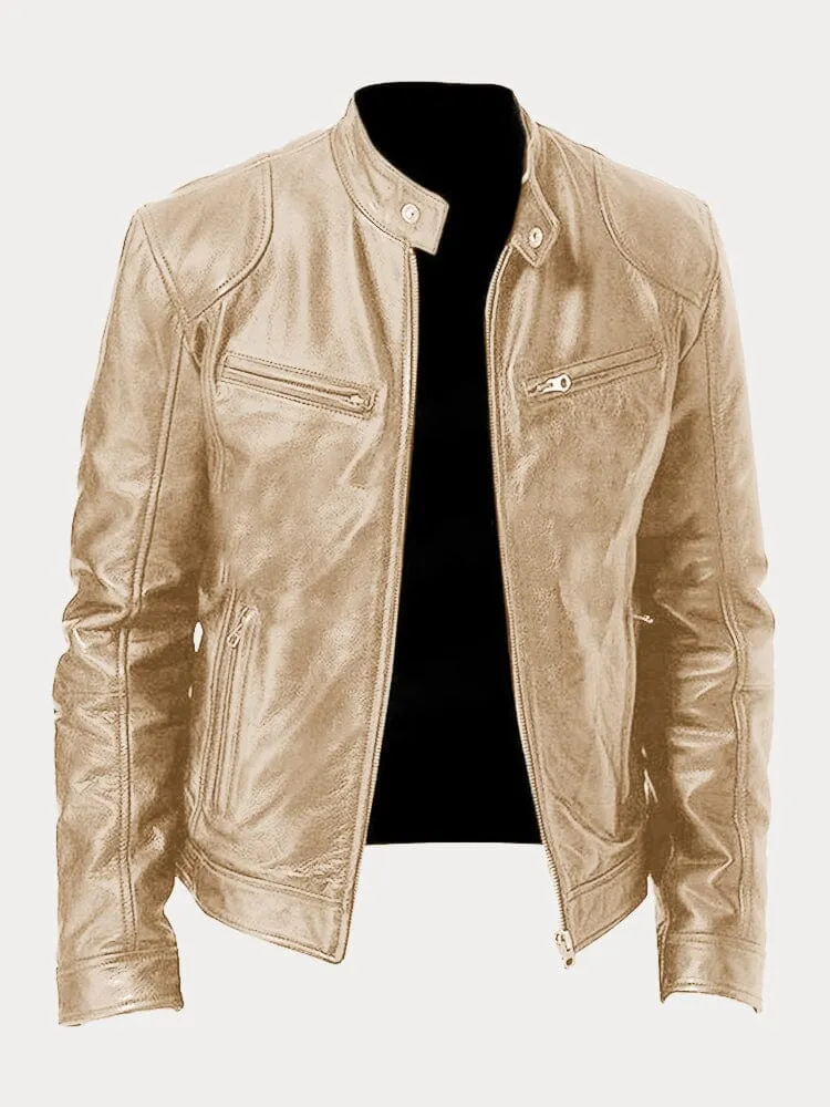 Casual Biker-Style Zippered Genuine Leather Jacket