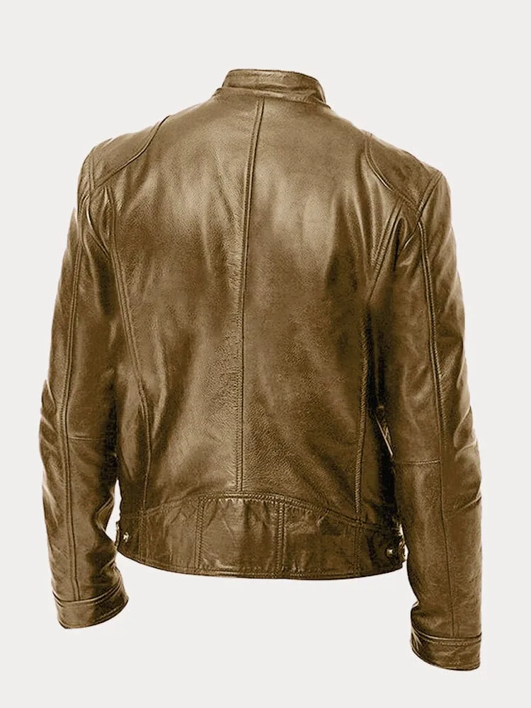 Casual Biker-Style Zippered Genuine Leather Jacket