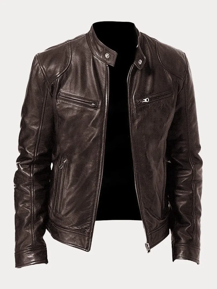 Casual Biker-Style Zippered Genuine Leather Jacket