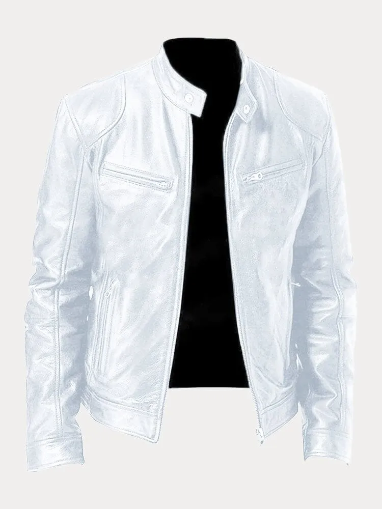 Casual Biker-Style Zippered Genuine Leather Jacket