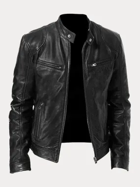 Casual Biker-Style Zippered Genuine Leather Jacket