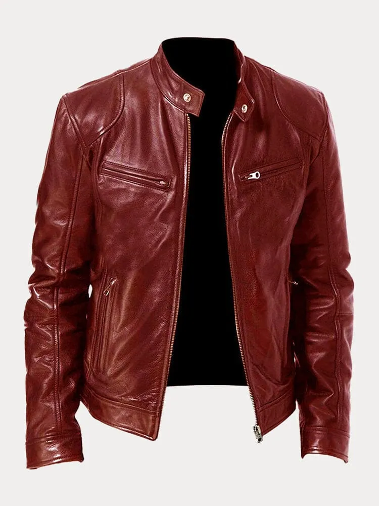 Casual Biker-Style Zippered Genuine Leather Jacket