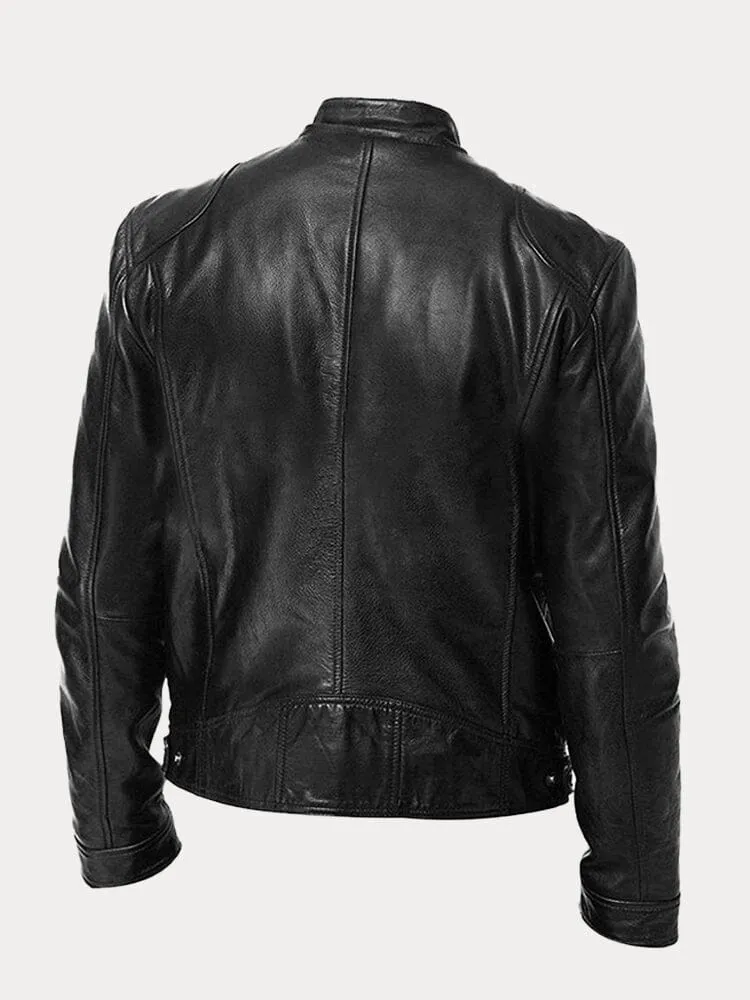 Casual Biker-Style Zippered Genuine Leather Jacket