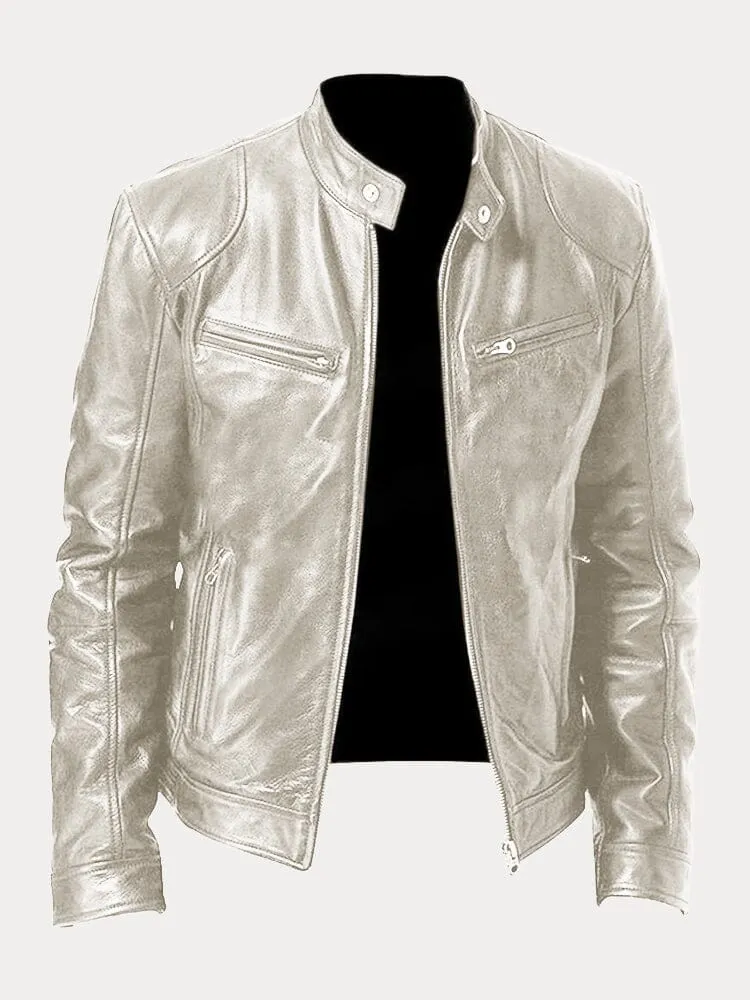 Casual Biker-Style Zippered Genuine Leather Jacket