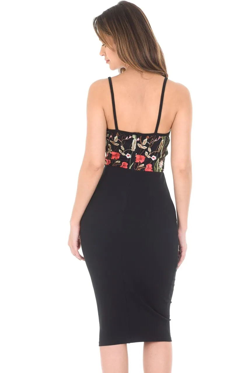 Black 2 in 1 Embroidered Bodycon Dress With Strap Detail