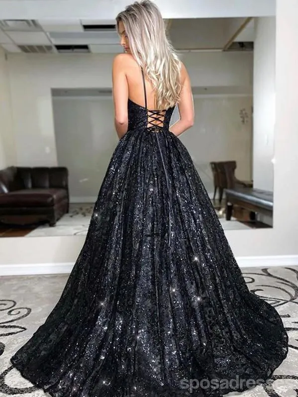 Black A-line Spaghetti Straps V-neck Backless Long Party Prom Dresses Online,12564