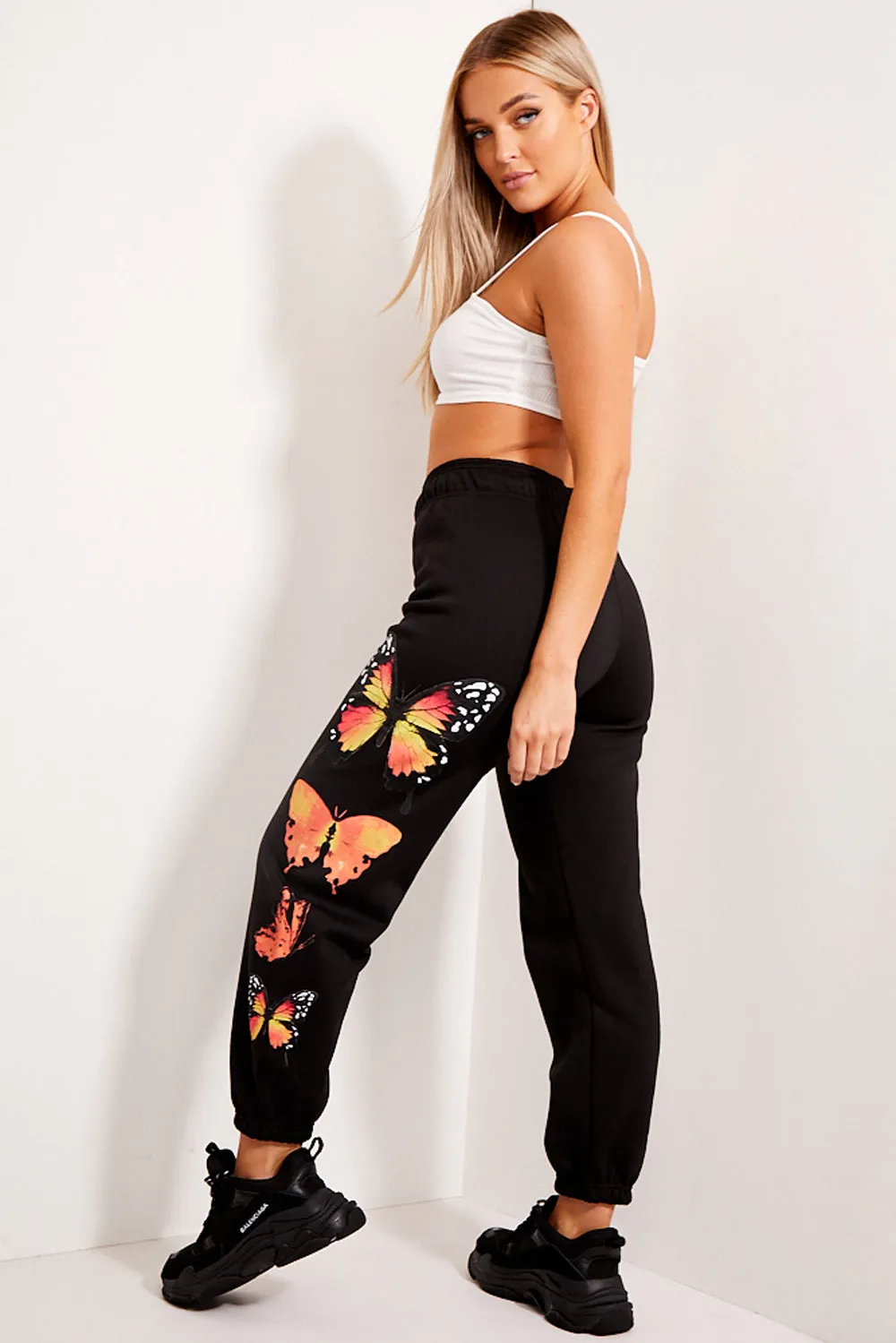 Black Butterfly Print Oversized Casual Joggers