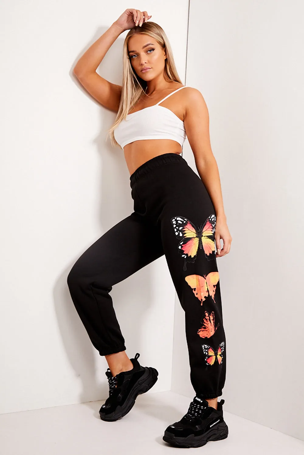 Black Butterfly Print Oversized Casual Joggers