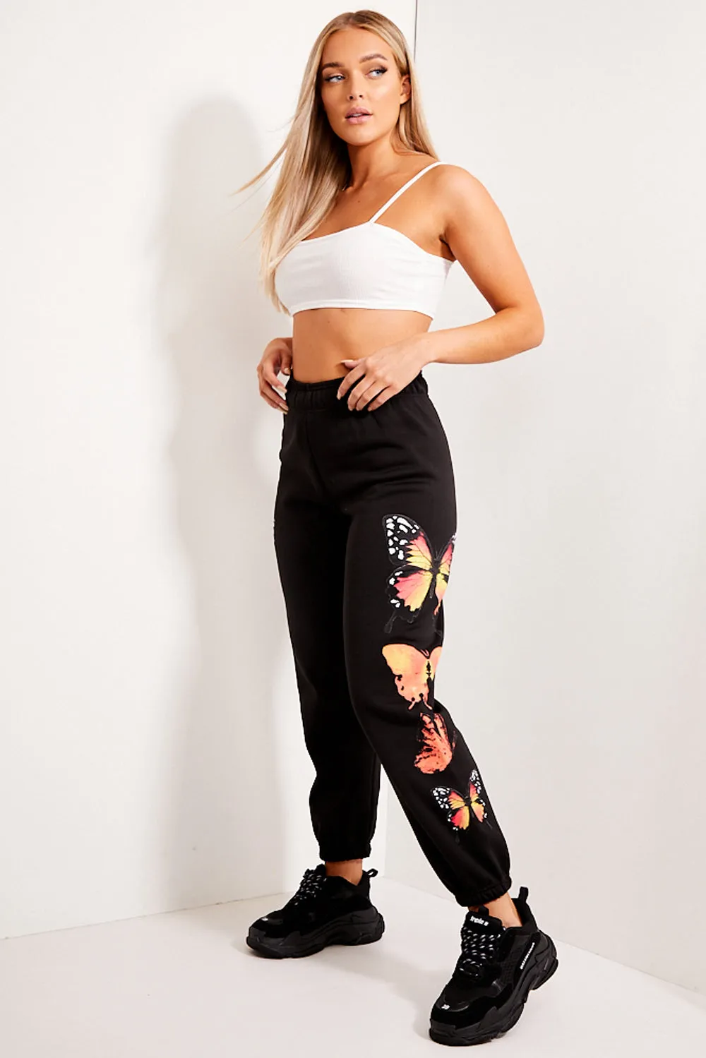 Black Butterfly Print Oversized Casual Joggers