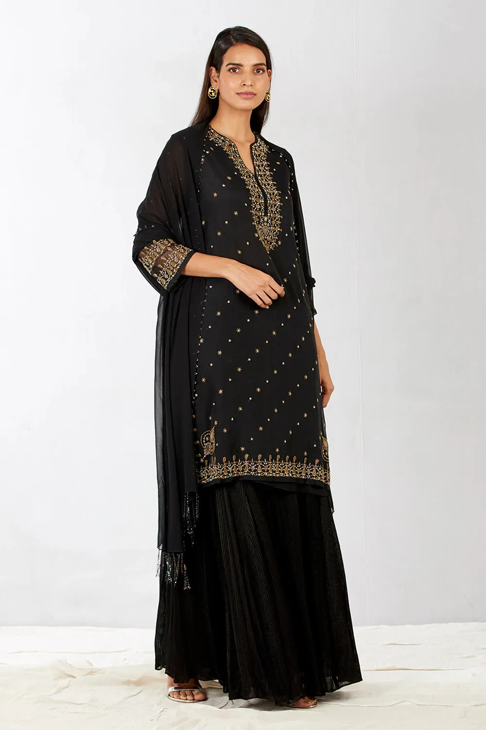 Black Embroidered Sharara Set