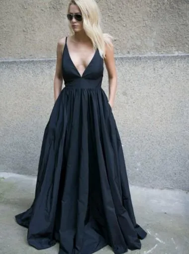 Black Sexy Backless Deep V Neck A-line Long Evening Prom Dresses, 17597