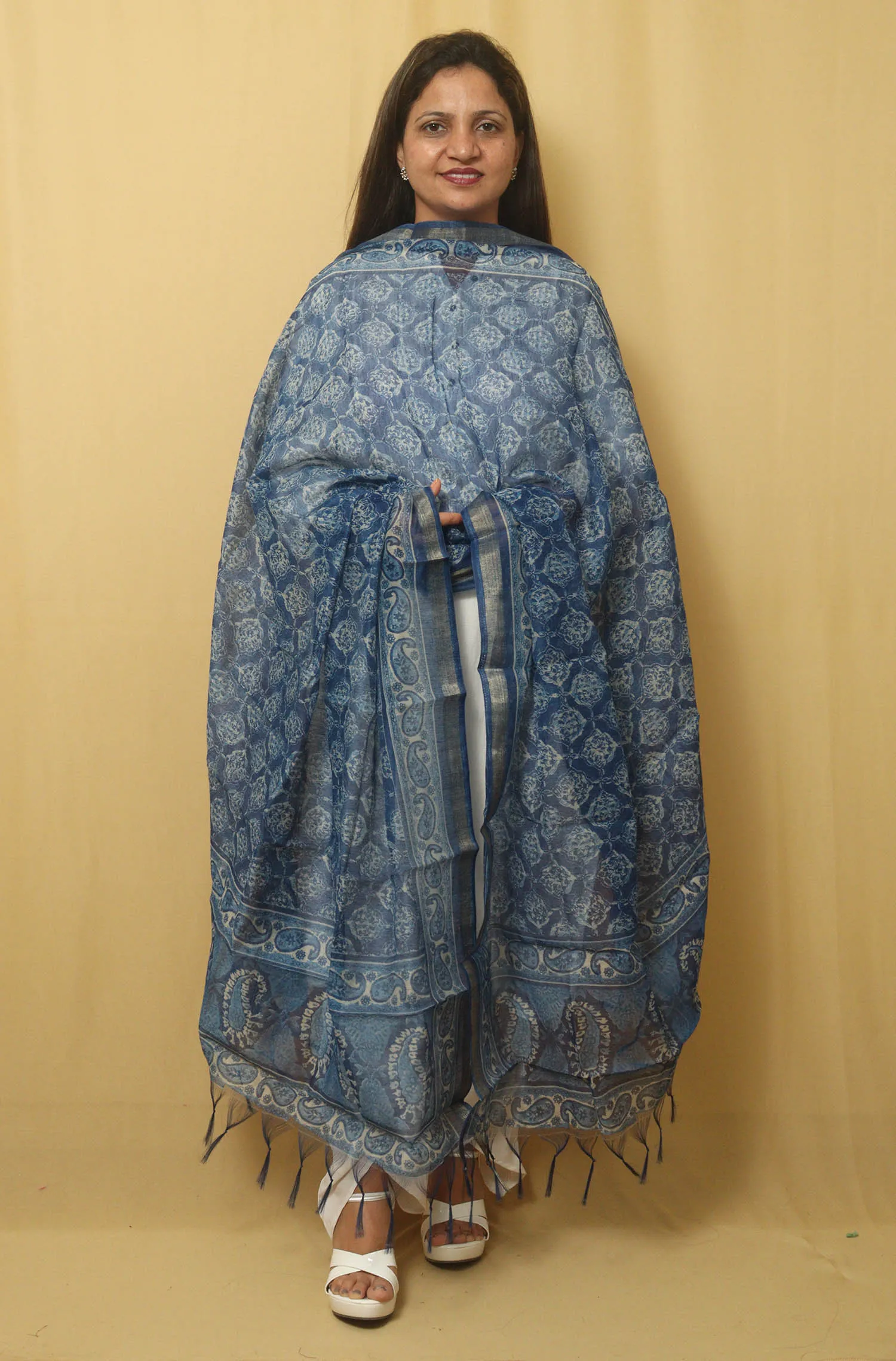 Block Printed Blue Chanderi Silk Dupatta - Stylish and Elegant