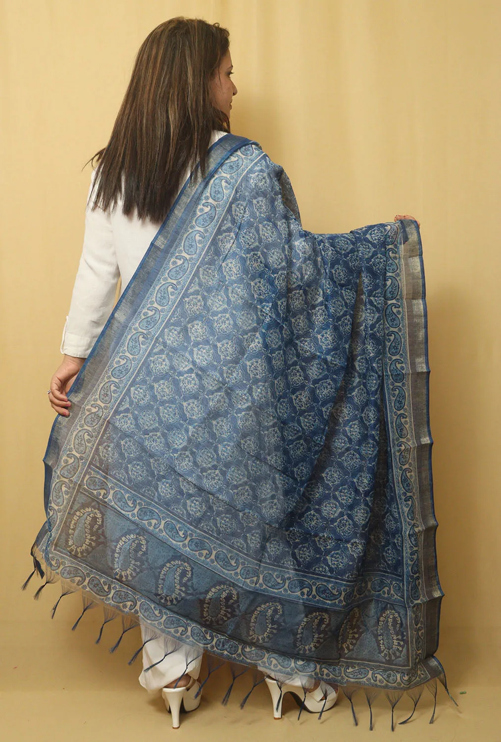 Block Printed Blue Chanderi Silk Dupatta - Stylish and Elegant