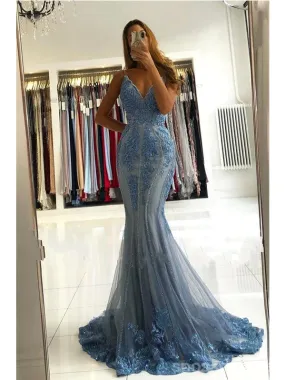 Blue Mermaid Spaghetti Straps V-neck Cheap Long Prom Dresses Online,12861