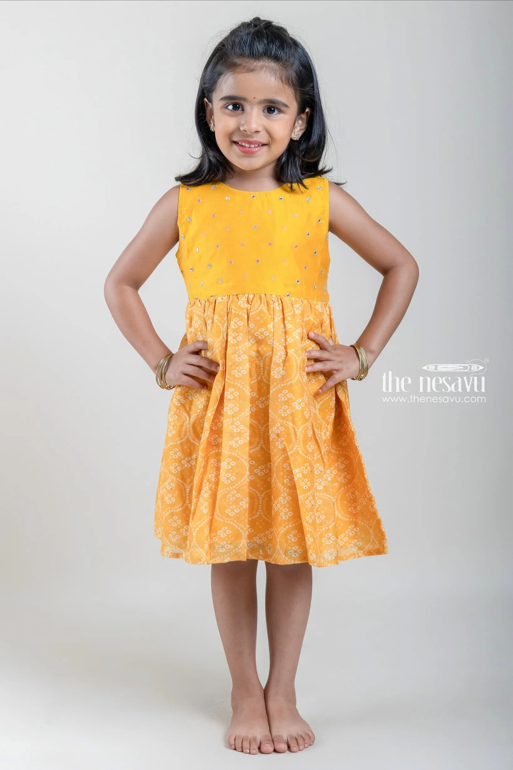 Bright Yellow Chanderi Silk Cotton Dresses For Baby Girls