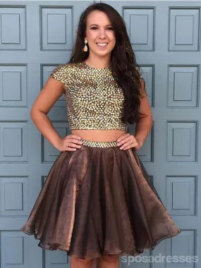 Brown Two Pieces Cap Sleeve Beaded Short Cheap Homecoming Dresses Online, CM583