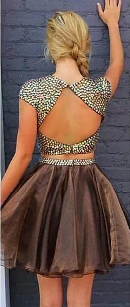 Brown Two Pieces Cap Sleeve Beaded Short Cheap Homecoming Dresses Online, CM583