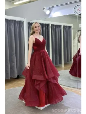 Burgundy A-line Spaghetti Straps V-neck Long Prom Dresses Online,12745