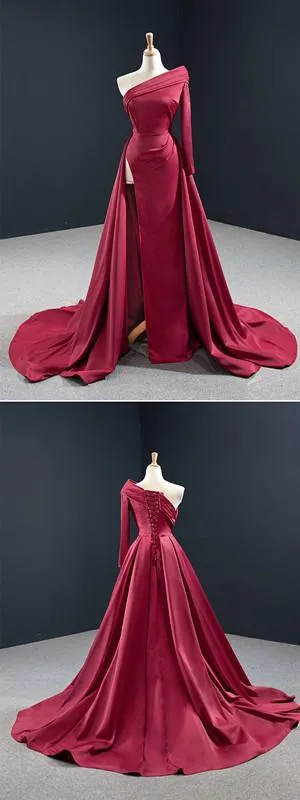 Burgundy Mermaid Long Sleeves One Shoulder High Slit Prom Dresses Online,Dance Dresses,12590