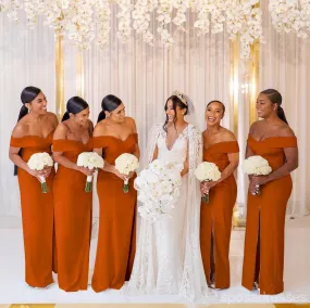 Burnt Orange Mermaid Off the Shoulder High Slit V-neck Bridesmaid Dresses Gown, WG1033