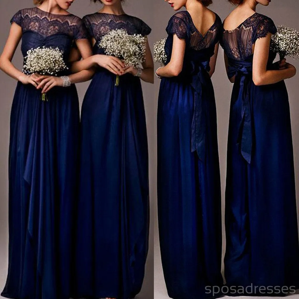 Cap Sleeve Seen-Through Lace Elegant Royal Blue Long Bridesmaid Dresses, WG030