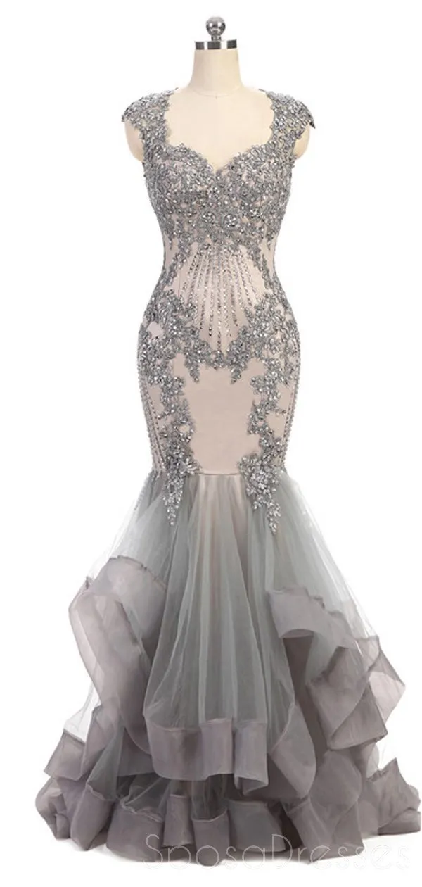 Cap Sleeves Lace Beaded Grey Mermaid Long Evening Prom Dresses, Cheap Sweet 16 Dresses, 18363