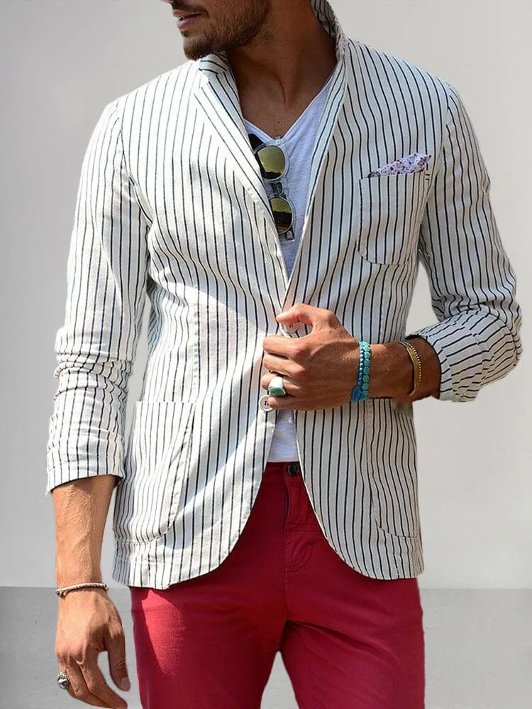 Casual Linen Style Lapel Striped Blazer