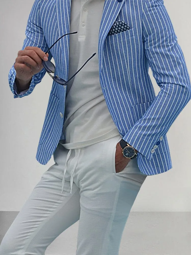 Casual Linen Style Lapel Striped Blazer